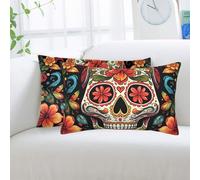 LHDGBNV Lot de 2 housses de coussin décoratives modernes et confortables pour grand lit, 40,6 x 61 cm, motif tête de mort en sucre coloré avec fermeture éclair dissimulée pour canapé, chambre à