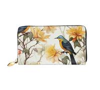 LHDGBNV Portefeuille en cuir avec motif fleurs et oiseaux jaunes pour femme - Étanche - Fermeture éclair - Grand porte-cartes de crédit avec support pour téléphone - Noir - Taille unique - Décontracté