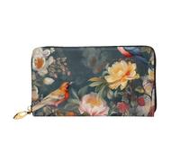 LHDGBNV Portefeuille en cuir avec motif fleurs et oiseaux pour femme - Étanche - Fermeture éclair - Grand porte-cartes de crédit avec support de téléphone - Porte-monnaie de voyage pour femme - Noir