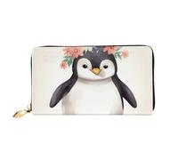 LHDGBNV Portefeuille en cuir avec motif pingouin portant des fleurs pour femme, imperméable, fermeture éclair, grand porte-cartes de crédit avec support de téléphone, porte-monnaie de voyage, noir