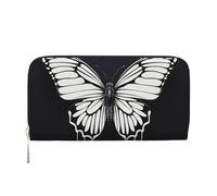 LHDGBNV Portefeuille en cuir synthétique pour femme et fille, fermeture éclair autour du porte-cartes de crédit, un papillon noir et blanc, sac à main de voyage imperméable