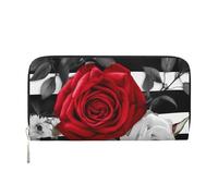 LHDGBNV Portefeuille en cuir synthétique pour femme et fille, fermeture éclair sur le pourtour avec porte-cartes de crédit, rayures noires, blanches, roses rouges, fleurs