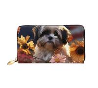 LHDGBNV Shih Tzu Portefeuille en cuir avec motif chien et fleurs pour femme - Étanche - Fermeture éclair - Grand porte-cartes de crédit avec support de téléphone - Porte-monnaie de voyage pour femme