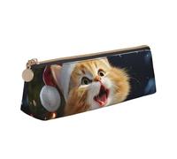 LHDGBNV Trousse à crayons en cuir, élégante trousse à crayons fine avec fermeture éclair, joli chat chantant des chants de Noël, trousse de maquillage pour le travail et le bureau