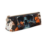 LHDGBNV Trousse à crayons en cuir, élégante trousse à crayons fine avec fermeture éclair, motif tête de mort et feuilles, trousse de maquillage pour le travail et le bureau