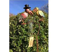 L'Héritier Du Temps Superbe Pluviomètre à Piquer Tuteur Plante Décoration de Jardin Motif Corbeaux en Fer Patiné et Tube en Verre 12x30x140cm