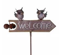 L'Héritier Du Temps Tuteur de Jardin Panneau Welcome Écriteau Flèche Éolienne Chouettes Colorées en Métal 12x48x122cm