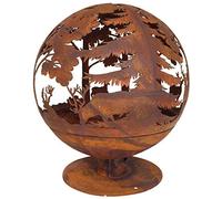 L'Héritier Du Temps Véritable Braséro Sphérique sur Pied Brasier Rond Motifs Cerf Forêt à Poser Extérieur en Fer Ancien Rouille 58x58x66cm