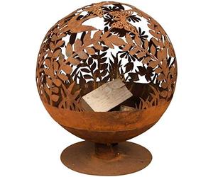 L'Héritier Du Temps Véritable Braséro Sphérique sur Pied Brasier Rond Motifs Clairière Papillon à Poser Extérieur en Fer Ancien Rouille 58x58x66cm