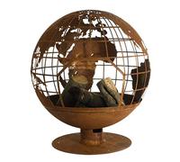 L'Héritier Du Temps Véritable Braséro Sphérique sur Pied Brasier Rond Motifs Mappemonde à Poser Extérieur en Fer Ancien Rouille 58x58x66cm