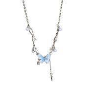 LHJHZDJC : Ice Crystal Gradient Pearl and Blue Zircon Papillon Tassel Collier Elegance et Grâce, Parfait comme Cadeau.Streetwear Accessoire pour Hommes Femmes Casual Cadeau