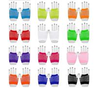 LHKJ 12pcs Gants en Maille Fluo des Années 80, Gants Demi-Doigts en Résille pour Femme Homme, Gants de Filet de Pêche Créatifs de Collocation