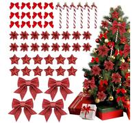 LHOEST Decoration Noel Sapin Rouge 50PCS Kit Decoration Sapin de Noel Noeud Rouge Décoration Sapin de Noel Fleur étoile Canne Suspensions Décoration de Sapin de Noël Cadeau pour Porte Tableau Fenêtre