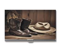 LHOKDR Porte-cartes de visite, étui en métal pour homme et femme, étui pour cartes de crédit, chapeau noir de cowboy, bottes occidentales, pour cartes de visite, Bottes western de cowboy noires,