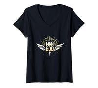 l'homme de Dieu : Une Foi rayonnante et inspirante T-Shirt avec Col en V, Femme, Noir, L