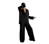 LHSJYG Pyjama Femme Satin Pyjama surdimensionné en Satin de Soie for Femmes, vêtements de Nuit, Coupe Basse, Sexy, Simple Boutonnage, Manches Longues, Jambes Larges, Costumes de Pantalon(Black,M)