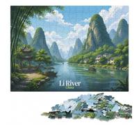 Li River China Landscape Illustration Puzzle en Bois, 1000 pièces | Cadeau sans écran pour adulte : activité pour une soirée calme en intérieur.