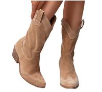 Liaddkv Bottes Western Pour Femme Avec Talon Haut, Bottines d'Équitation à Talon Bloc en Daim, Mi-Hautes Cowboy à Bout Pointu, Mi-Longues Vintage