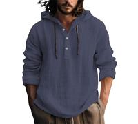 liaddkv Chemise en lin à manches longues pour homme - Avec boutonnière - Sweat à capuche avec cordon de serrage - Respirant - Confortable - Stretch - Couleur unie - Décontracté - Streetwear, Marine, S