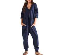 liaddkv Combinaison décontractée pour femme - Manches longues - Col en V - Grande taille - Combinaison baggy - Pyjama - Combinaison pour femme - Courte - Élégante - Noir, bleu, L