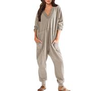 liaddkv Combinaison décontractée pour femme - Manches longues - Col en V - Grande taille - Combinaison baggy - Pyjama - Combinaison pour femme - Courte - Élégante - Noir, kaki, XL