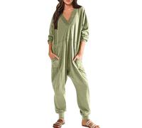 liaddkv Combinaison décontractée pour femme - Manches longues - Col en V - Grande taille - Combinaison baggy - Pyjama - Combinaison pour femme - Courte - Élégante - Noir, vert, XXL