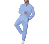 liaddkv Combinaison d'été respirante en deux pièces pour homme avec col à manches longues en coton et lin, bleu, XL