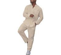 liaddkv Combinaison d'été respirante en deux pièces pour homme avec col à manches longues en coton et lin, kaki, L