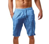 Liaddkv Shorts d'été pour homme en coton et lin décontractés et à la mode, pantalon court pour homme extensible, bleu foncé, L