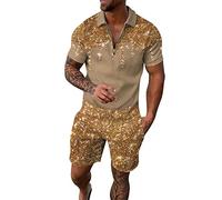 liaddkv Survêtement d'été 2 pièces pour homme - Tenue de jogging décontractée - Ensemble de sport - T-shirt à manches courtes + pantalon de sport court - Tenue de loisirs - Polo d'affaires, or, L