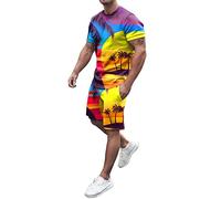 liaddkv Survêtement d'été pour homme - 2 pièces - Imprimé hawaïen - T-shirt à manches courtes + short - Ensemble de loisirs - Col rond - Short de jogging, Orange, M