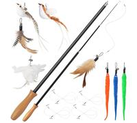 LIAILA 14 pièces Jouet Chat, plumeau Chat Ensemble Contient 2 Longues Canne à pêche Chat(42-110 cm), 4 Lignes de pêche, 2 Oiseaux, 3 Plumes et 3 vers. Jouet Chat interactif avec Cloche