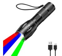 LIAISIMI Lampe de Poche Rechargeable 4 en 1, 4 Fonctions Lumière (Blanc/Rouge/Vert/Bleu), Mise au Point Réglable, Étanche, Lampe Tactique pour Randonnée, Chasse et Militaire