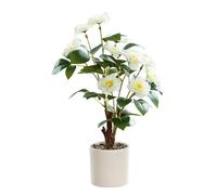 LIANFOND Plante de camélia artificielle en pot de 42 cm, fleurs roses pour décoration de maison, bureau, bonsaï en plastique sans entretien, pot blanc