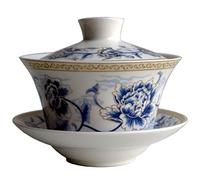 Liang baobao Service à thé traditionnel Gaiwan avec couvercle et soucoupe, tasse à thé en céramique faite à la main, tasses à thé en porcelaine (200 ml, pivoine en soie bleue)