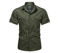 LIANGTUOHAI Chemise Coton pour Homme Manche Courte Col Rever Chemises Randonnée Homme Multi-Poches Boutons Couleur Unie Chemisette Tactique Respirante Casual Mode Ample Léger Et Mince Confort Shirt