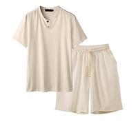LIANGTUOHAI Ensemble Lin Homme Été Léger Chemisiers Haut À Manche Courtes Et Shorts Sport Jogging Large Ensemble Coton Et Lin De Plage Homme Respirant Couleur Pure Casual Grande Taille Lâche 4XL-8XL