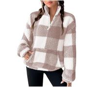 LIANGTUOHAI Sweat sans Capuche Femme Demi-Zip Sweat à Carreaux en Polaire Grande Taille Pullover Femme Automne Et Hiver Chaud Sweatshirt en Peluche Pullover Chic et éLéGant Décontracté Confort Doux