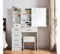 LIANWANG Coiffeuse avec Miroir et Tabouret, Table de Maquillage avec Lumière LED, Luminosité Réglable et 3 Températures de Couleur, 6 Tiroirs, Blanc, L56241217