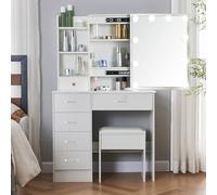 LIANWANG Coiffeuse avec Miroir LED et Tabouret, Table de Maquillage Blanche avec 6 Tiroirs pour Femme et Fille, Luminosité Réglable, 3 Températures, 131 × 80 × 36 cm