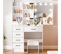 LIANWANG Coiffeuse avec Tabouret et Miroir, Table de Maquillage avec Éclairage LED à Luminosité Réglable, 6 Tiroirs, Étagères Ouverts, Blanc, 3056D719, 131x36x80 cm