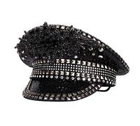 LIANXUE Bejeweled Crystal Captain Hat Béret Sailor Hat pour enterrement de vie de jeune fille, chapeau de sergent polyvalent pour club Stage Bar, noir -
