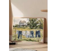 lianyibo 1 affiche murale « Linge sur une corde à linge » style aquarelle vintage, idéale pour la buanderie ou le salon (70 x 110 cm, cadre intérieur).