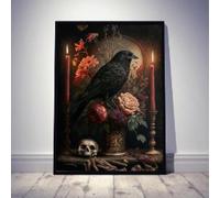 lianyibo 1 pièce d'art abstrait sur toile gothique crâne de corbeau imprimé floral et bougie art mural pour salon décoration d'intérieur cadre 50x75 cm