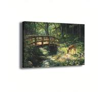 lianyibo 1 pièce Paysage forestier Toile Art mural Cerf paisible Impression Pont en bois rustique sur ruisseau Nature Œuvre d'art Salon 60x80cm Sans cadre