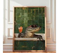 lianyibo 1 pièce Vintage Crocodile Se baignant Toile murale Amusant Salle de bain Décoration Avec Cocktail Glass Affiche Pour Salon Décoration (30x40cm/Sans cadre)