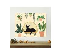 lianyibo 1 tableau moderne sur toile représentant un chat noir et des plantes vertes, un félin confortable se prélassant sur une chaise (50 x 70 cm, sans cadre)