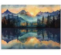 lianyibo Abstract Mountain Canvas Wall Art Watercolor Blue Mountain and Golden Sunset Nature Affiche, Print Décoration de Salon (70x110 cm/Sans Cadre)