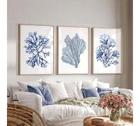 lianyibo Affiche minimaliste avec algues corail, aquarelle bleu marine, décoration de maison, chambre nautique, plage, 50 x 70 cm, 3 cadres