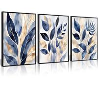 lianyibo Blue Botanical Wall Art Abstract Leaf Minimalist Botanical Painting Blue Gold Leaves Canvas Prints for Living Room (60x90cmx3/Sans Cadre)